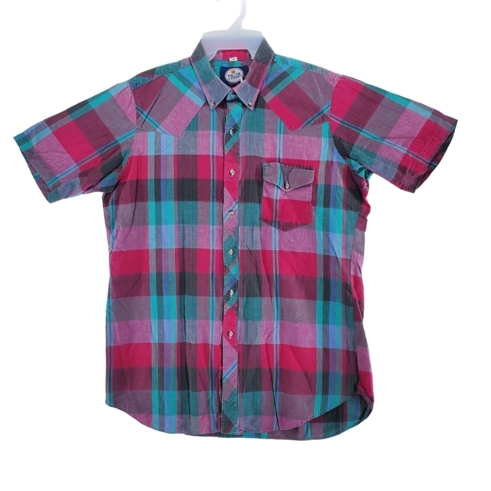Prior Shirt Men 16.5 L Colorful Madras Plaid SS Button Down Lightweight USA Vtg